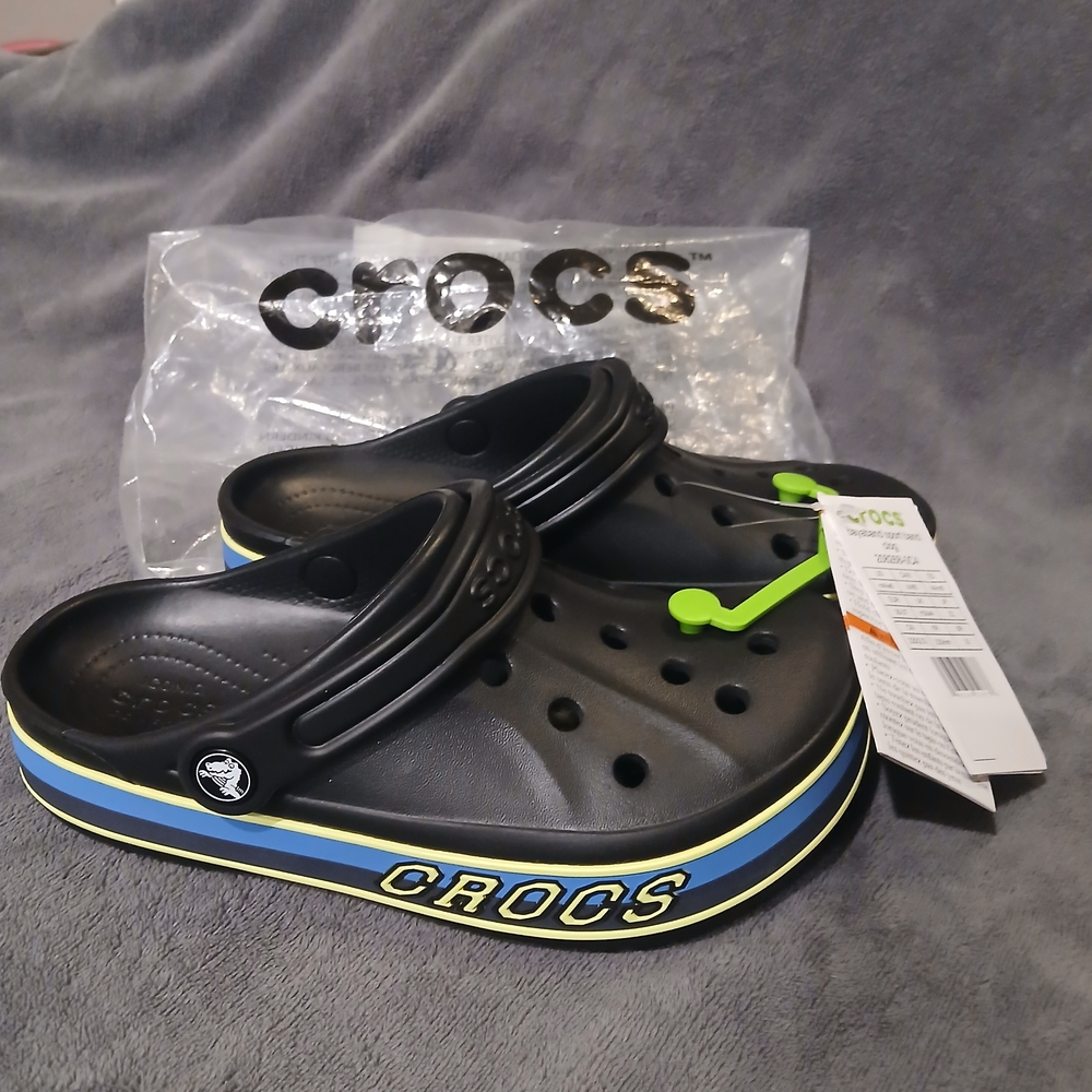 CROCS Black Clogs with Blue and Yellow Trim